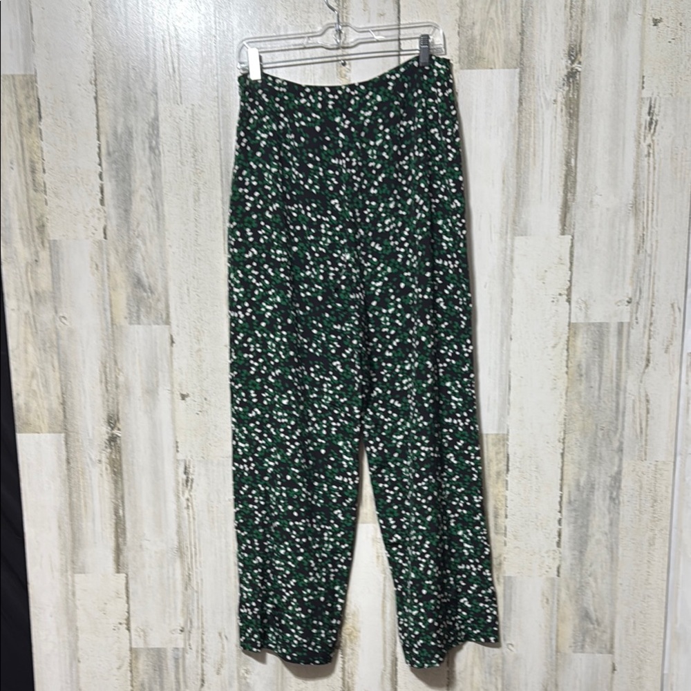 Diane Von Furstenberg Floral Green Black White Wide Leg High Rise SILK Pants - Picture 4 of 13